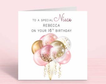 Personalised Niece Birthday Card: Pink Balloons, Any Age (6x6")