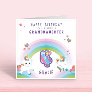 Personalised Birthday Card for Granddaughter, Daughter, Niece, Goddaughter, Cousin, Sister, Rainbow Unicorns Any Age Birthday Card, 6x6