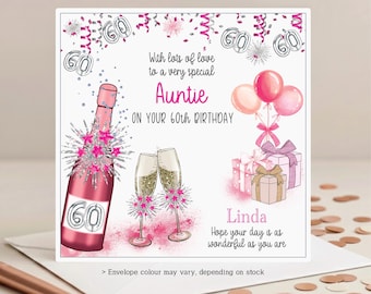 Personalised 60th Birthday Card: Pink Bubbly, Sister Auntie Friend Mum Nan Grandma Sister-in-law Wife Partner Twin Sister Daughter in law