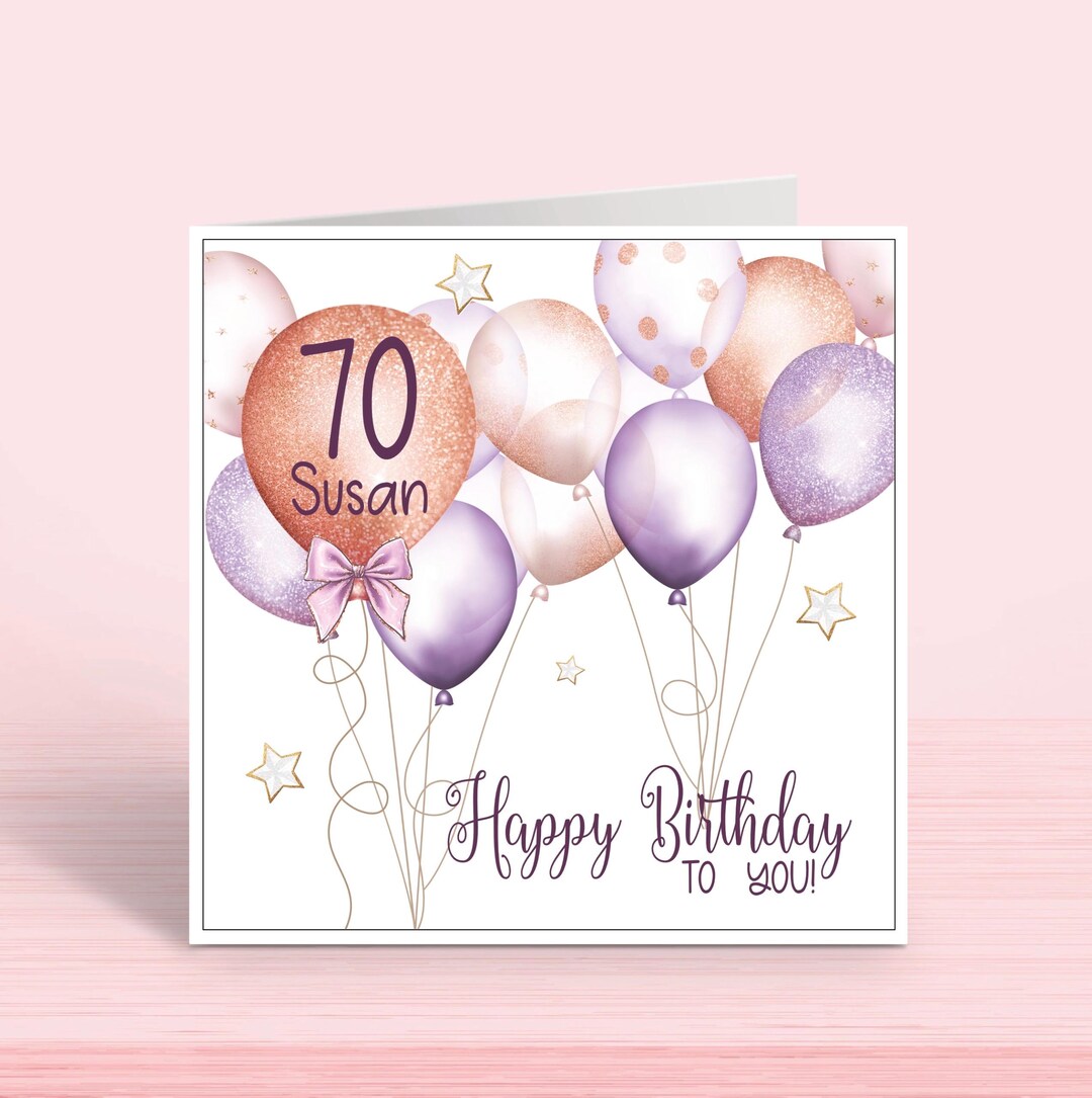 Personalised 70th Birthday Card for Her: Purple Pink Balloons, Any Age ...