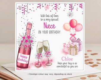 Personalised Niece Birthday Card: Pink Bubbly, Age 18th 19th 20th 21st 25th 30th 35th 40th 45th 50th 55th 60th, Birthday Card for Niece