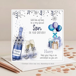 May include: A birthday card with a blue and white design. The card features illustrations of a champagne bottle, champagne flutes, balloons, and wrapped gifts. Text includes "Happy Birthday Son" and a personalized message.