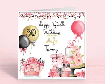 Personalised 50th Birthday Card for Her: Glam Design Any Relation (2 sizes)