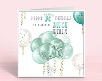 Personalised 16th Birthday Card: Mint Green Balloons, Any Relation (2 sizes)