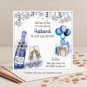 Personalised 60th Birthday Card for Him: Blue Bubbly, any Relation; Dad Grandad Uncle Brother Son Friend Cousin Husband Partner