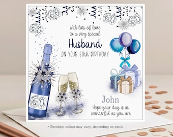 Personalised 60th Birthday Card for Him: Blue Bubbly, any Relation; Dad Grandad Uncle Brother Son Friend Cousin Husband Partner