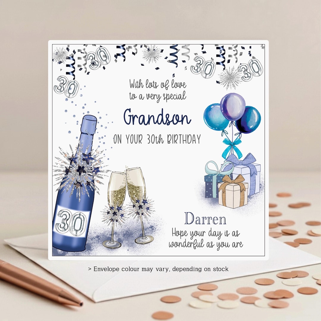 Personalised 30th Birthday Card for Him: Blue Bubbly, Grandson Godson ...