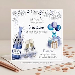 Personalised 30th Birthday Card for Him: Blue Bubbly, Grandson Godson Twin Brother Uncle Cousin Son Son-in-law Nephew Great-Nephew Friend