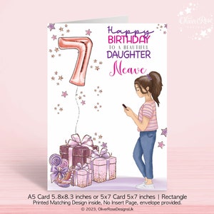 7th Birthday Card, Personalised Daughter, Granddaughter, Niece, Goddaughter, Sister, Teenager Girl on Phone, Brown or Blonde Hair A5 or 5x7