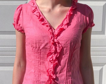 Pink Linen Ruffled Blouse