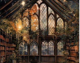 My Library Window, Signed Print, Fantasy Art, Magical Alchemy Library Painting, Window Art, Book Nook Watercolor, Bibliophile Gift, 8x10 5x7