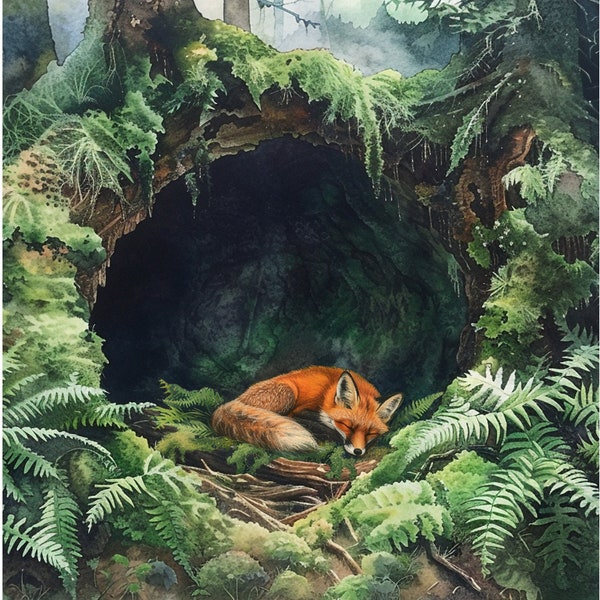 Secret Den, Signed Print, Fantasy Art, Forest Red Fox Print, Magical Painting, Foxglove Flowers, Wild Fox Watercolor Art Print, 8x10 5x7