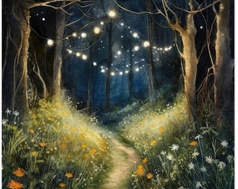 Meadowlight, Signed Print, Fantasy Art, Glowing Fireflies Lanterns, Magical Painting, Mixed Media Print, Walking on Path Print, 8x10 5x7