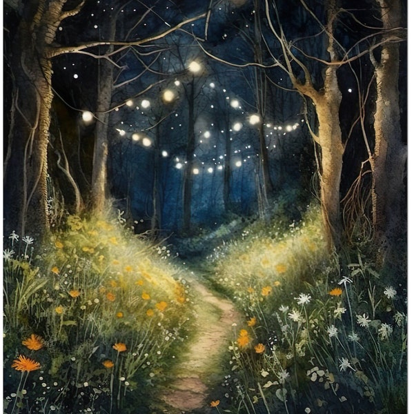 Meadowlight, Signed Print, Fantasy Art, Glowing Fireflies Lanterns, Magical Painting, Mixed Media Print, Walking on Path Print, 8x10 5x7