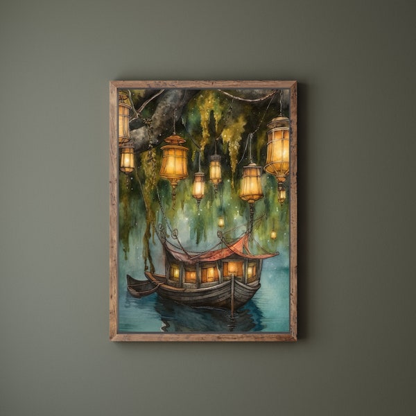 By Lantern Light, Signed Print, Fantasy Art, Boat at Night with Lanterns, Magical Painting, Mixed Media Print, Fishing Boat Print, 8x10 5x7