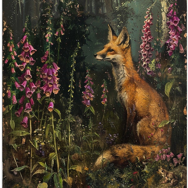 Foxgloves, Signed Print, Fantasy Art, Forest Red Fox Print, Magical Painting, Foxglove Flowers, Wild Fox Watercolor Art Print, 8x10 5x7