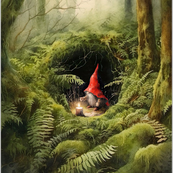 Gnome Home, Signed Print, Little Forest Elf Gnome Print, Magical Painting, Mixed Media Print, Tomten Watercolor Art Print, 8x10 5x7 Print