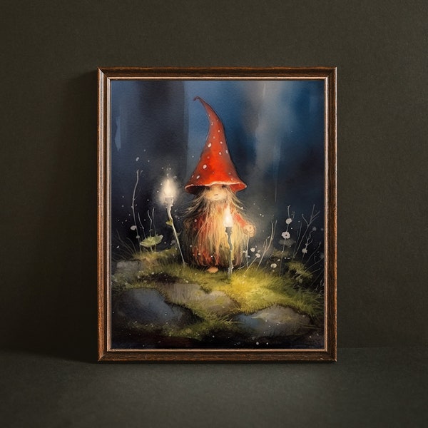 Little Flame, Signed Print, Fantasy Art, Forest Elf Gnome Print, Magical Painting, Mixed Media Print, Tomten Watercolor Art Print, 8x10 5x7