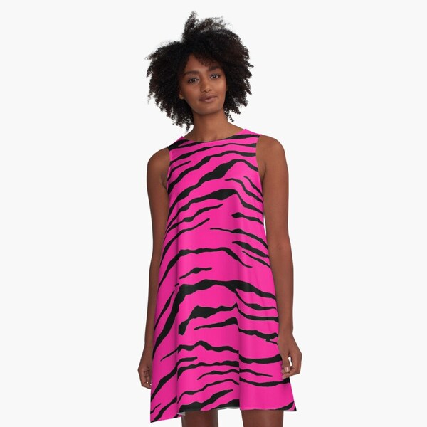 Flattering A-Line Dress, hot pink Zebra, Animal print, Halloween, loose dress, gift, summer dress, flowy dress, beach dress, Made in the USA
