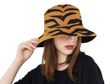 Unisex Round Bucket Hat Tiger print animal print summer hat Gift for Animal Lovers Gift for Cat Lovers Halloween