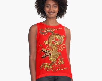 Flattering A-line Sleeveless Top Maru's Feilong Chinese Flying Dragon, legendary creature, Flowy blouse, Loose fit, dragon sleeveless top