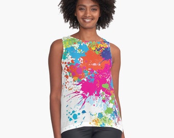 Flattering A-line Sleeveless Top Artist, Splash of colors, Paint splatter, Homage to Maru my mum, Flowy blouse, Loose fit, 6 sizes XS to 2XL