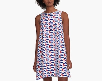 Flattering A-Line Dress, I love Cuba, Cuban flag, gift, summer dress, flowy dress, beach dress, hearts, Made in the USA