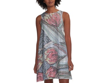 Flattering A-Line Dress Multicolored Garden Series by Maru, Watercolors & Indian Ink 4/14, summer dress, flowy dress, beach dress, Made USA