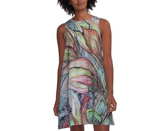Flattering A-Line Dress Multicolored Garden Series by Maru, Watercolors & Indian Ink 2/14, summer dress, flowy dress, beach dress, Made USA