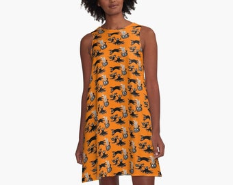 Flattering A-Line Dress Halloween by Maru, Ghosts & Pumpkins, loose dress, gift, summer dress, flowy dress, beach dress, Made in the USA