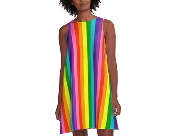 Flattering A-Line Dress Love is Love, LGBTQ, pride flag, Rainbow flag, summer dress, flowy dress, beach dress, stripes, Made in the USA