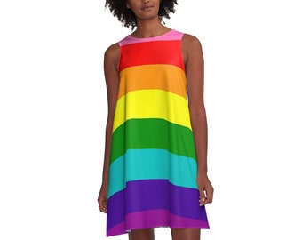 Flattering A-Line Dress Love is Love, LGBTQ, pride flag, Rainbow flag, gift, summer dress, flowy dress, beach dress, stripes, Made in USA