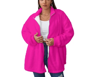 Plus Size Women's Borg Fleece Coat With Zipper Closure, Hot Pink, Pink Coat, Solid color Coat, choose your color, custom Coat, personalized