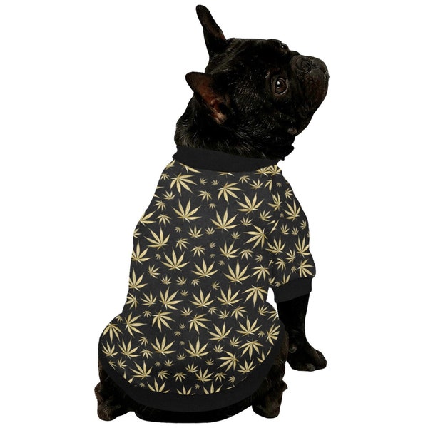 Hunde Sweatshirt, Hundepullover, knöpftes Sweatshirt, Hundekleidung, Hundebekleidung, Geschenk, Marihuana, Cannabis, Unkraut, Blätter, Rasta, Jamaika, gold