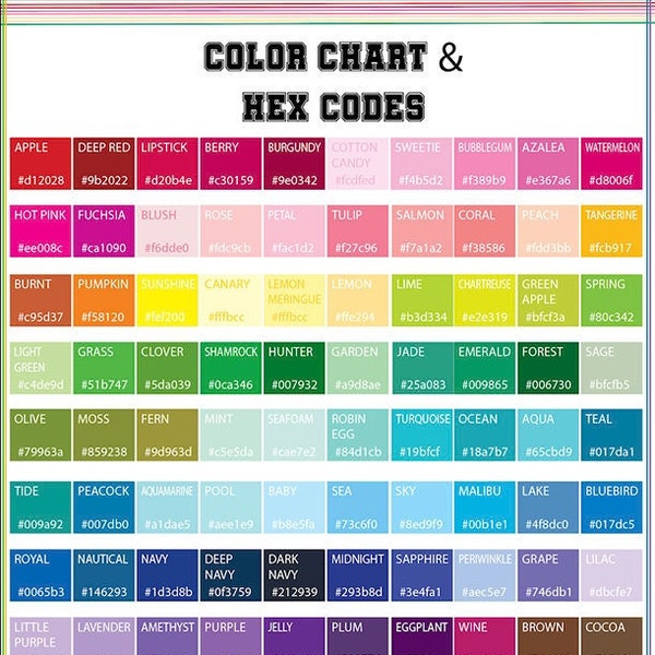 Color Chart & HEX Codes, Printable, Designer Quick Reference, Cheat Sheet, gift, Wall art, decor, poster to print, Instant JPG Download