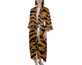 Unisex Maxi Satin Kimono Robe Tiger print, Feline print, Animal print, Gift for Animal Lovers, Gift for Cat Lovers, Gift for Pet Lovers
