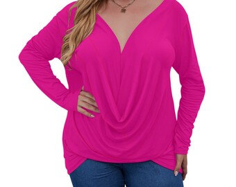 Plus SizeWomen’s V-neck Plus Draped Longline T-shirt, Hot Pink, Pink T-shirt, Solid color T-shirt, choose your color, custom T-shirt, gift