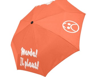 Automatic Foldable Umbrella Merde! Il pleut! Portland orange & white, gift, accessories, gift for him, gift for her, raining day