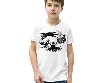 Youth Short Sleeve T-Shirt Halloween by Maru, Pumpkins and Ghosts, cotton tee, Bella Canvas 3001Y, Gift, Made in the USA