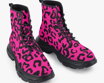 Women's Casual Leather Chunky Boots Snow Leopard print, Jaguar print, Cheetah, Animal print, Combat boots, vegan leather boots, neon pink