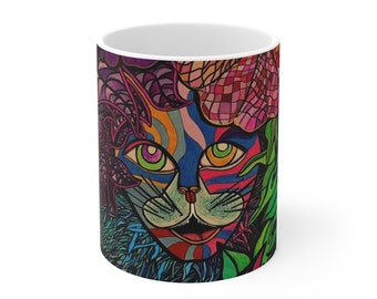 Coffee Mug Latte cup Tiger in the tropical jungle Colorful design by Maru Cat Kitty Feline Animal lovers Mug 11oz Gift Ceramic drinkware