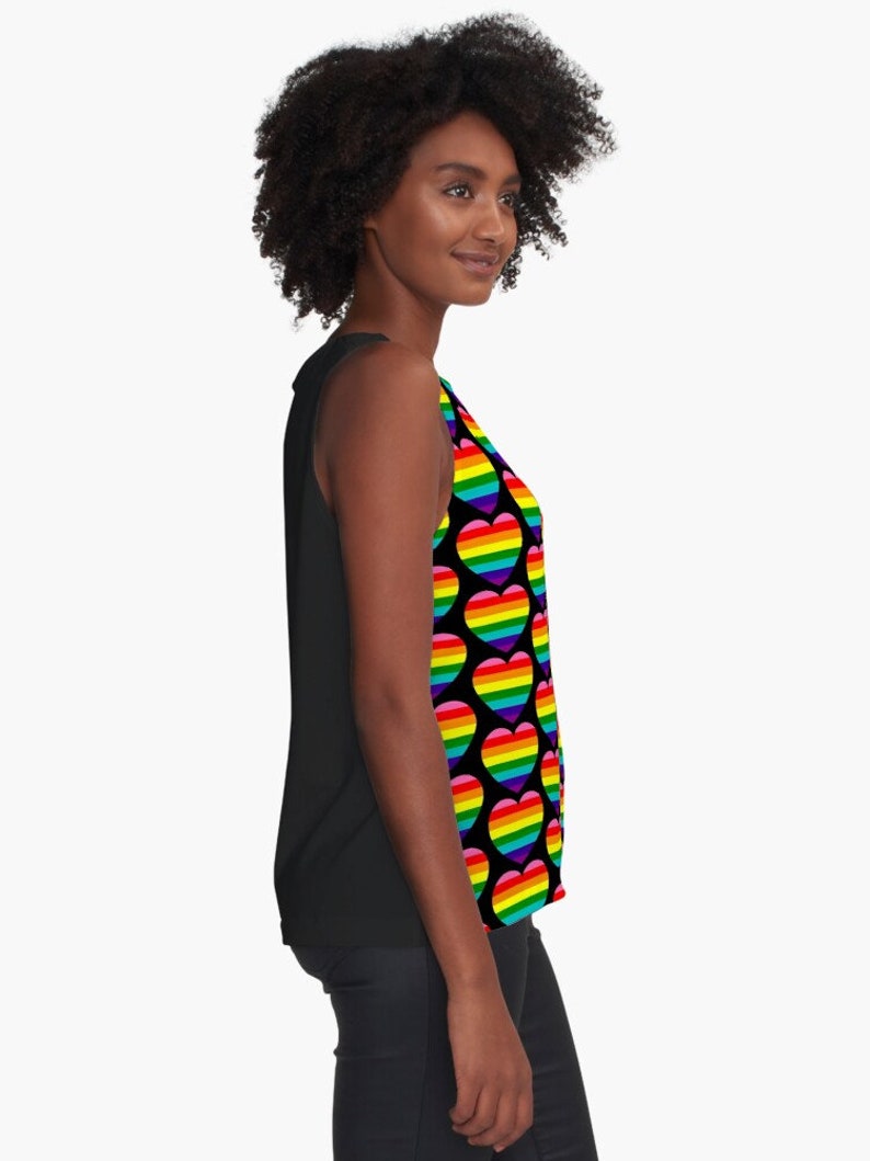 Flatering A-line Sleeveless Top Love is Love LGBT pride flag Rainbow pride flag Flowy blouse Loose fit 6 sizes XS to 2XL Black or White back