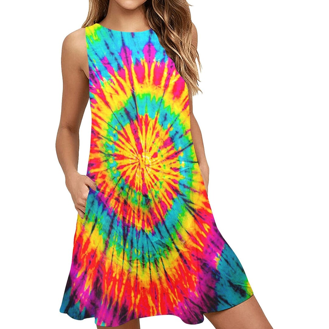 Flattering A-line Dress With Pockets Tie Dye Dress Rainbow - Etsy