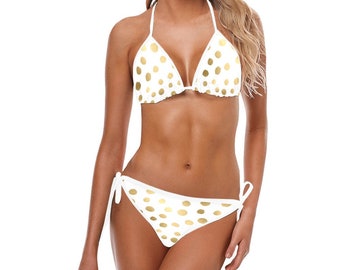 Triangle Bikini set gold polka dot Two-piece swimsuit  gold dots Swimwear polka dot Beachwear dots bikini gold polka dot swimwear dots