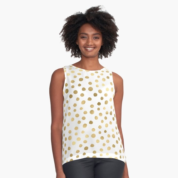 Flattering A line Sleeveless Top Gold Polka Dots White and Gold Polka Dot Blouse Flowy Blouse Loose Fit Polka Dot Sleeveless Top Gift Etsy