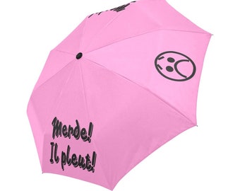 Automatic Foldable Umbrella Merde! Il pleut! light pink & black, gift, accessories, gift for him, gift for her, raining day