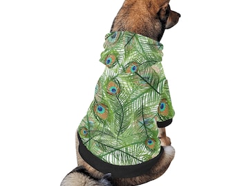 Dog hoodie Peacock print, animal print, fuzzy warm buttoned dog sweater, dog clothes, Gift, 6 sizes XS to 2XL, Halloween costume