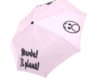 Automatic Foldable Umbrella Merde! Il pleut! pink lace & black, gift, accessories, gift for him, gift for her, raining day