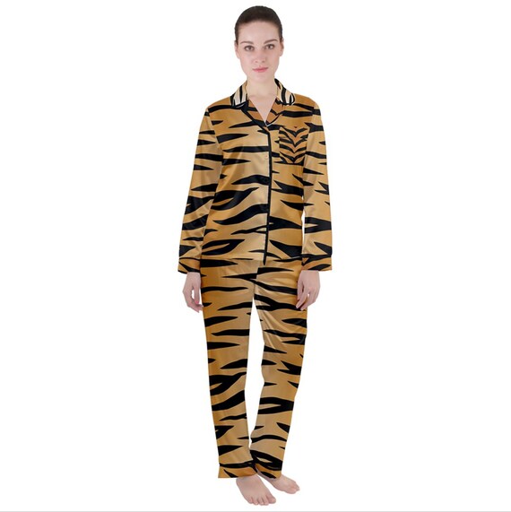 Satin Pajama Set for Women Tiger Print, Feline, Animal Print