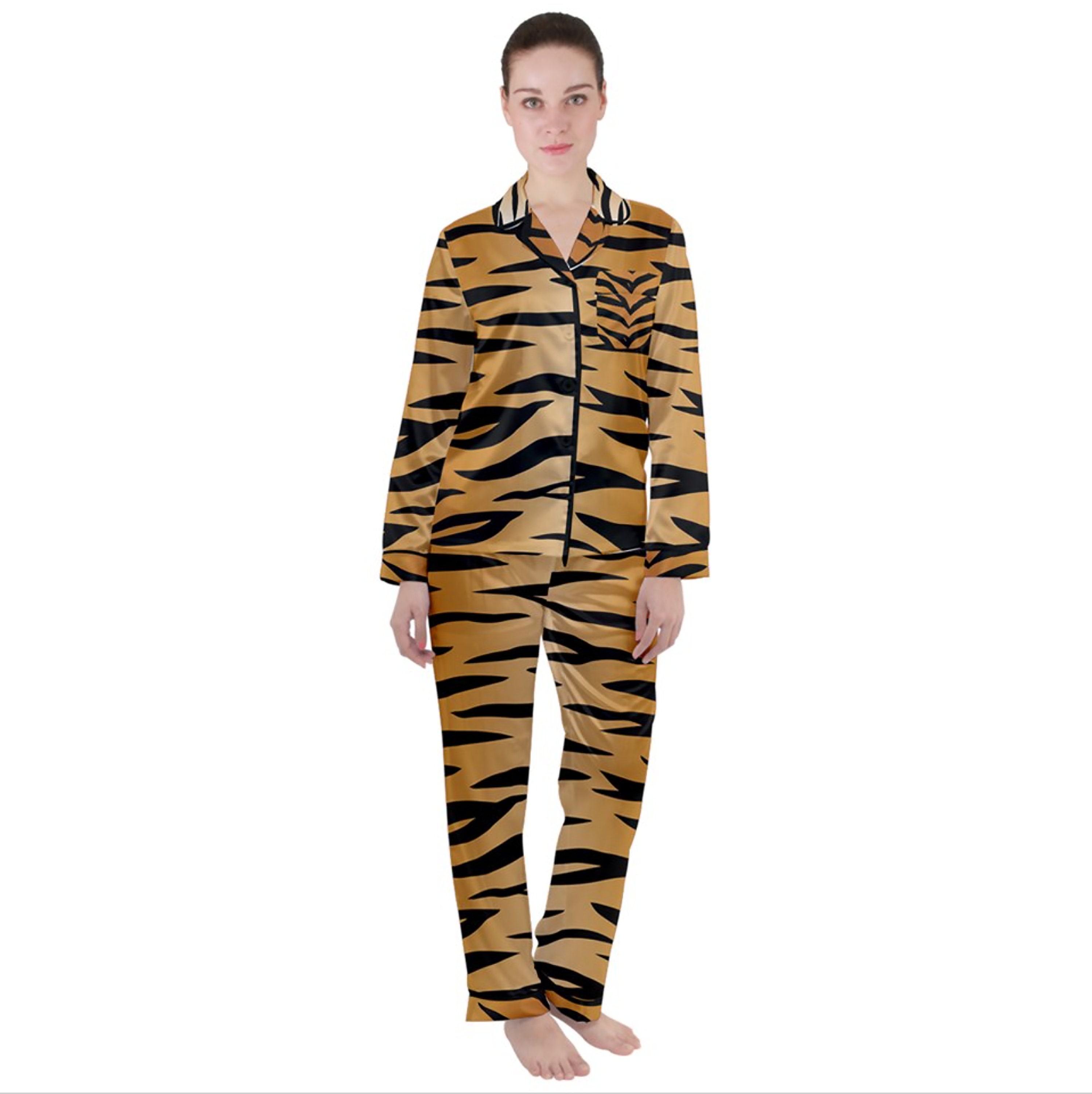 Satin Pajama Set for Women Tiger Print Feline Animal Print